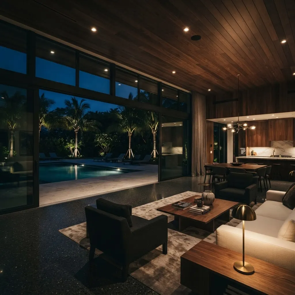 Boca Raton great room at dusk with the lights on