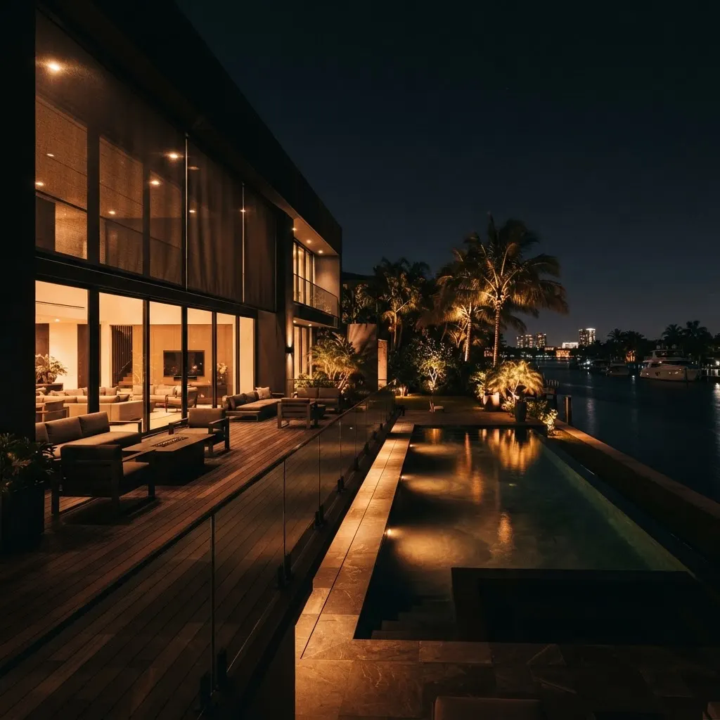 Waterfront terrace at night with motorized shades and warm landscape lighting
